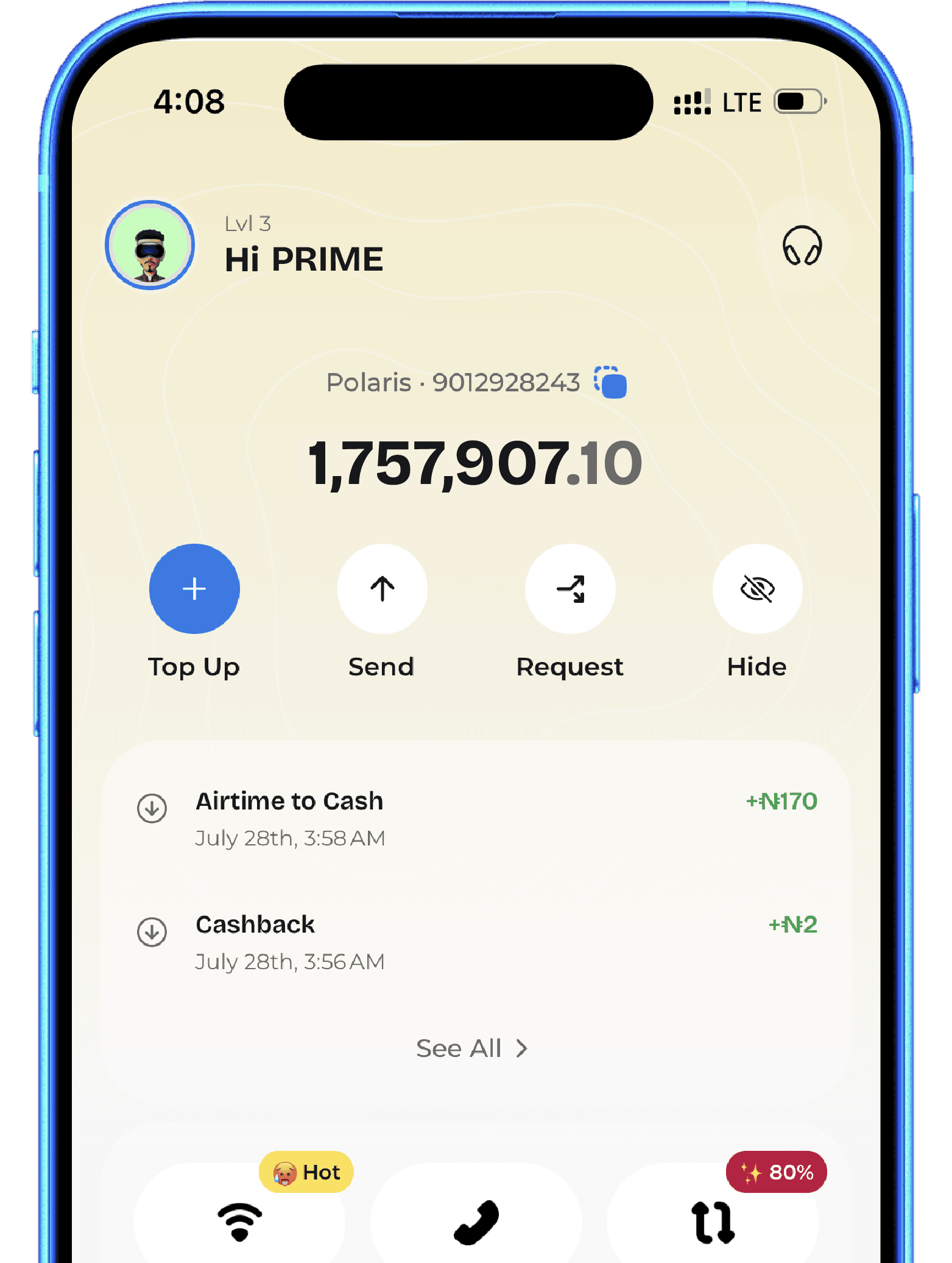The Mabe app showing a wallet balance and recent transactions